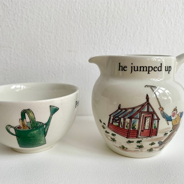 A tiny vintage Wedgwood Peter Rabbit sugar bowl and milk jug, Beatrix Potter, miniature ceramic bone china.