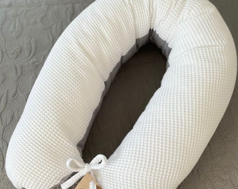 Coussin d'allaitement Blanc gaufré piqué/lisse GRIS Coussin d'allaitement Coussin de grossesse respirant 100 % coton avec housse 170 cm LOOLAY®