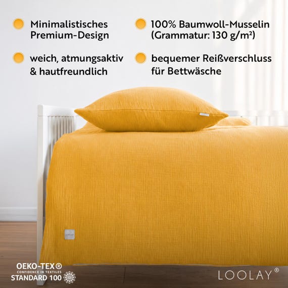 MUSSELIN Bettwäsche Kinder & Baby GELB 100% Baumwolle, weich und atmungsaktiv IKEA Standard Größen 80x80–150x200 Kinderbettwäsche Loolay