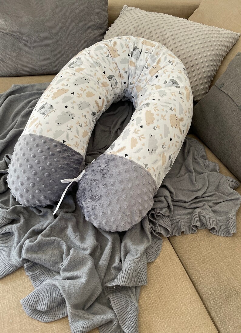 Stillkissen Seitenschläferkissen Schwangerschaftskissen Kissen schlafen Bio Baumwolle Minky Polar Fleece Handmade 170 190 cm xl Kissen Dekokissen Stillen Schwanger Seitenschlaf grau beige hase eule graphit weiß