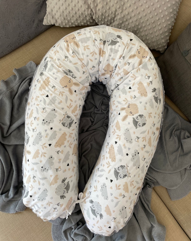 Stillkissen Seitenschläferkissen Schwangerschaftskissen Kissen schlafen Bio Baumwolle Minky Polar Fleece Handmade 170 190 cm xl Kissen Dekokissen Stillen Schwanger Seitenschlaf grau beige hase eule graphit weiß