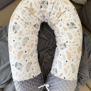 Stillkissen Seitenschläferkissen Schwangerschaftskissen Kissen schlafen Bio Baumwolle Minky Polar Fleece Handmade 170 190 cm xl Kissen Dekokissen Stillen Schwanger Seitenschlaf grau beige hase eule graphit weiß
