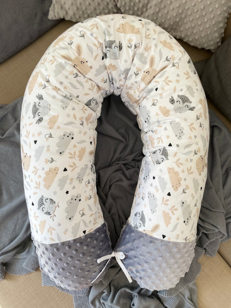 Stillkissen Seitenschläferkissen Schwangerschaftskissen Kissen schlafen Bio Baumwolle Minky Polar Fleece Handmade 170 190 cm xl Kissen Dekokissen Stillen Schwanger Seitenschlaf grau beige hase eule graphit weiß