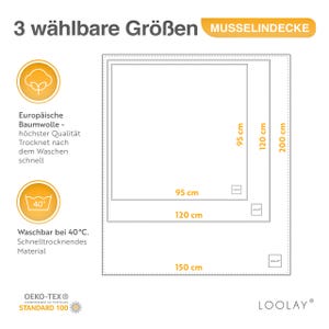 MUSSELIN Baumwolle Sommerdecke Decke Tuch Wickeldecke Mullwindel Baby Strandtuch MAßE LOOLAY