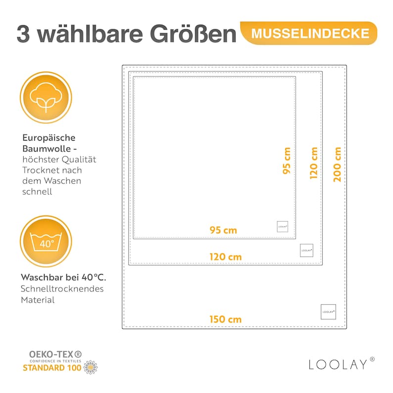 MUSSELIN Baumwolle Sommerdecke Decke Tuch Wickeldecke Mullwindel Baby Strandtuch MAßE LOOLAY