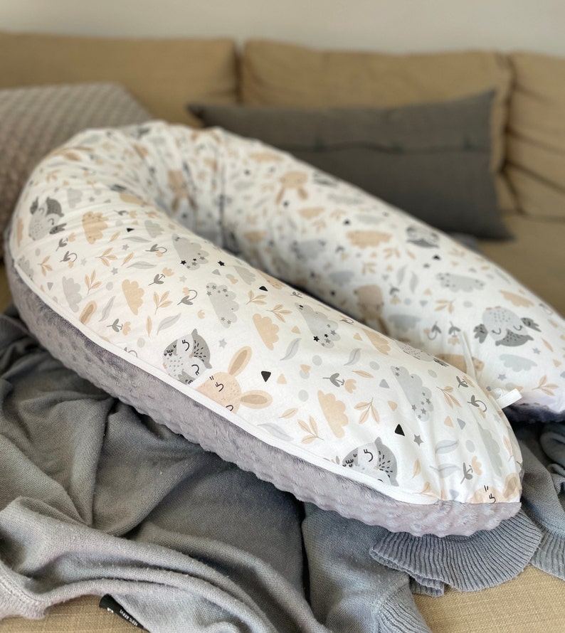 Stillkissen Seitenschläferkissen Schwangerschaftskissen Kissen schlafen Bio Baumwolle Minky Polar Fleece Handmade 170 190 cm xl Kissen Dekokissen Stillen Schwanger Seitenschlaf grau beige hase eule graphit weiß