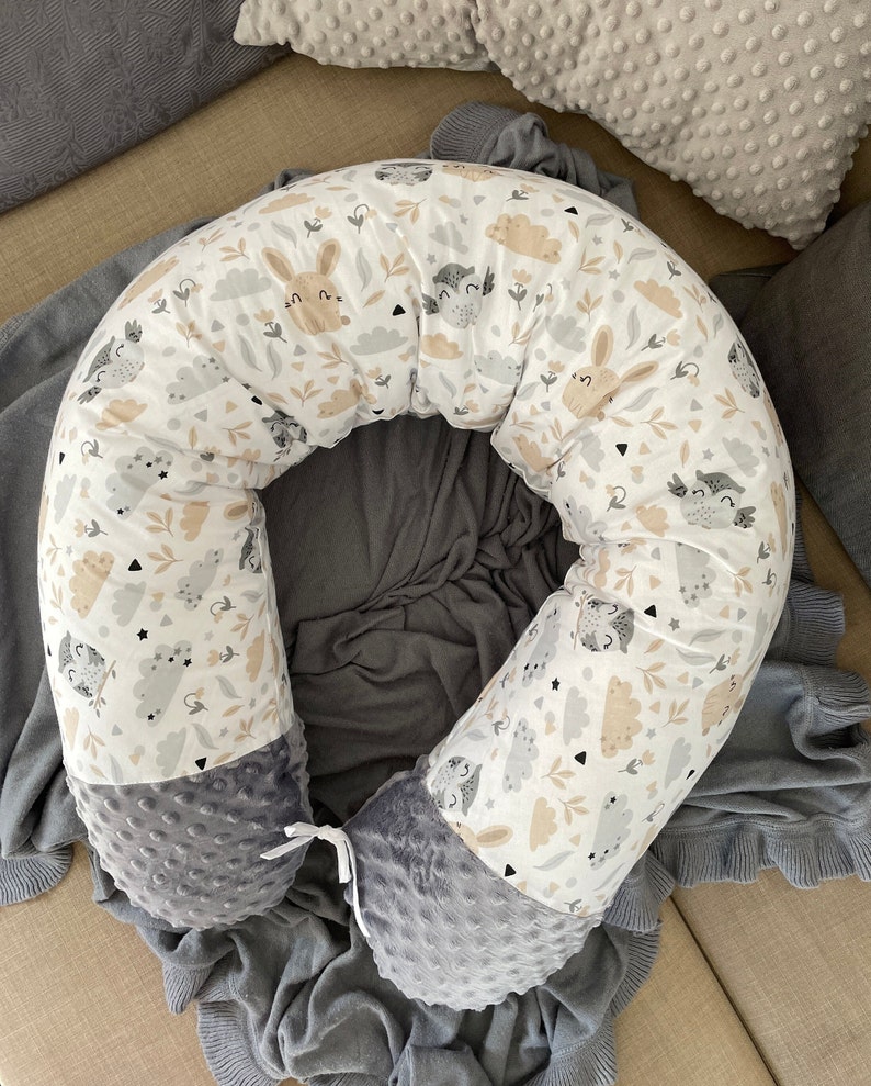 Stillkissen Seitenschläferkissen Schwangerschaftskissen Kissen schlafen Bio Baumwolle Minky Polar Fleece Handmade 170 190 cm xl Kissen Dekokissen Stillen Schwanger Seitenschlaf grau beige hase eule graphit weiß