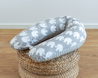 ELEPHANT Gris Coton/ MINKY Gris 170 & 190 cm OREILLER DE COUCHAGE LATÉRAL Oreiller d'allaitement Oreiller de grossesse Housse de coussin de relaxation Loolay® Cadeau