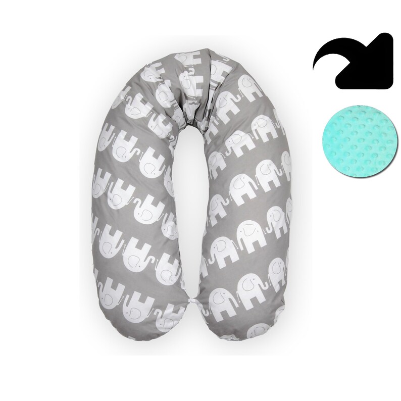 May include: A gray U-shaped pregnancy pillow with a white elephant print. The pillow has a removable cover with a soft, textured fabric.