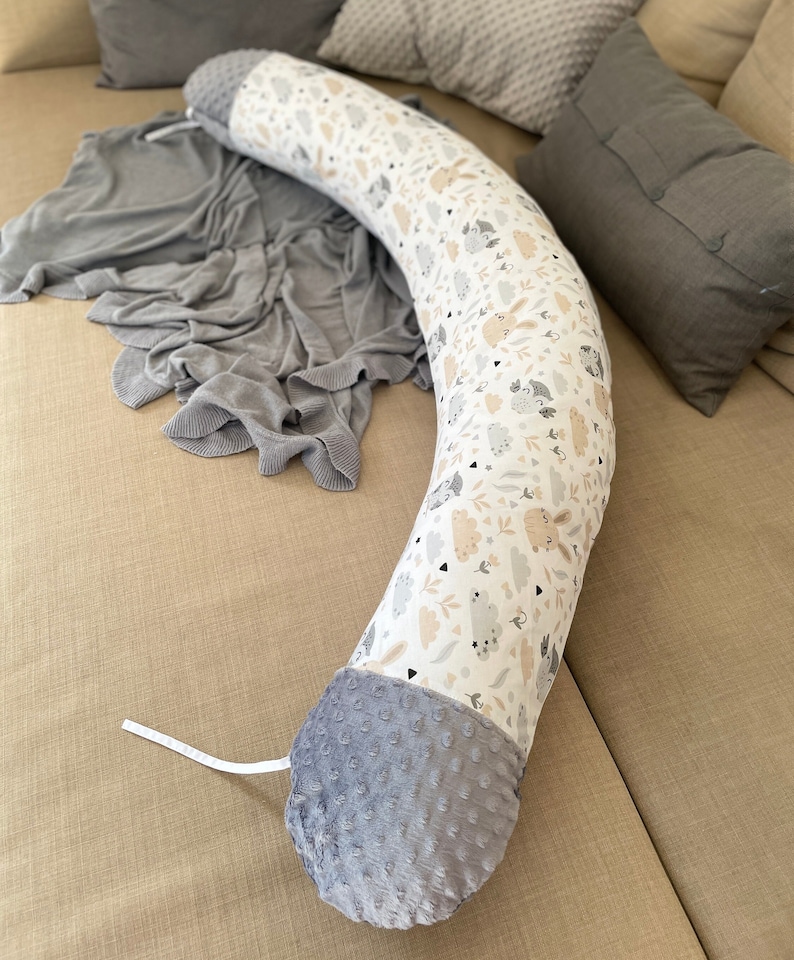 Stillkissen Seitenschläferkissen Schwangerschaftskissen Kissen schlafen Bio Baumwolle Minky Polar Fleece Handmade 170 190 cm xl Kissen Dekokissen Stillen Schwanger Seitenschlaf grau beige hase eule graphit weiß
