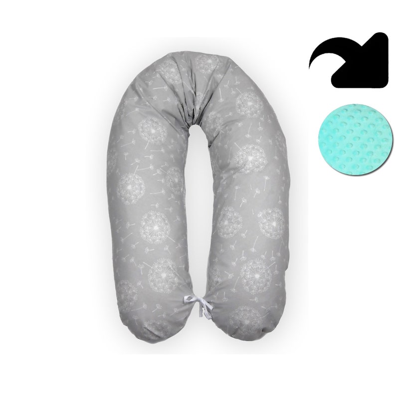 May include: A gray U-shaped pregnancy pillow with a white dandelion pattern. The pillow has a white tie at the center.