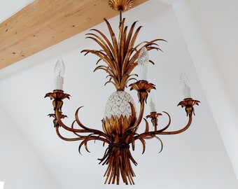 Brass Pineapple Chandelier, 1970s Vintage Chandelier Hollywood