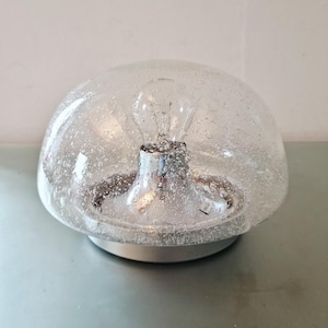 May include: A dome-shaped flush mount ceiling light fixture featuring a clear glass shade with a distinct bubble texture. The fixture includes a central silver-toned metal base that houses a single light bulb, creating a rounded profile.
