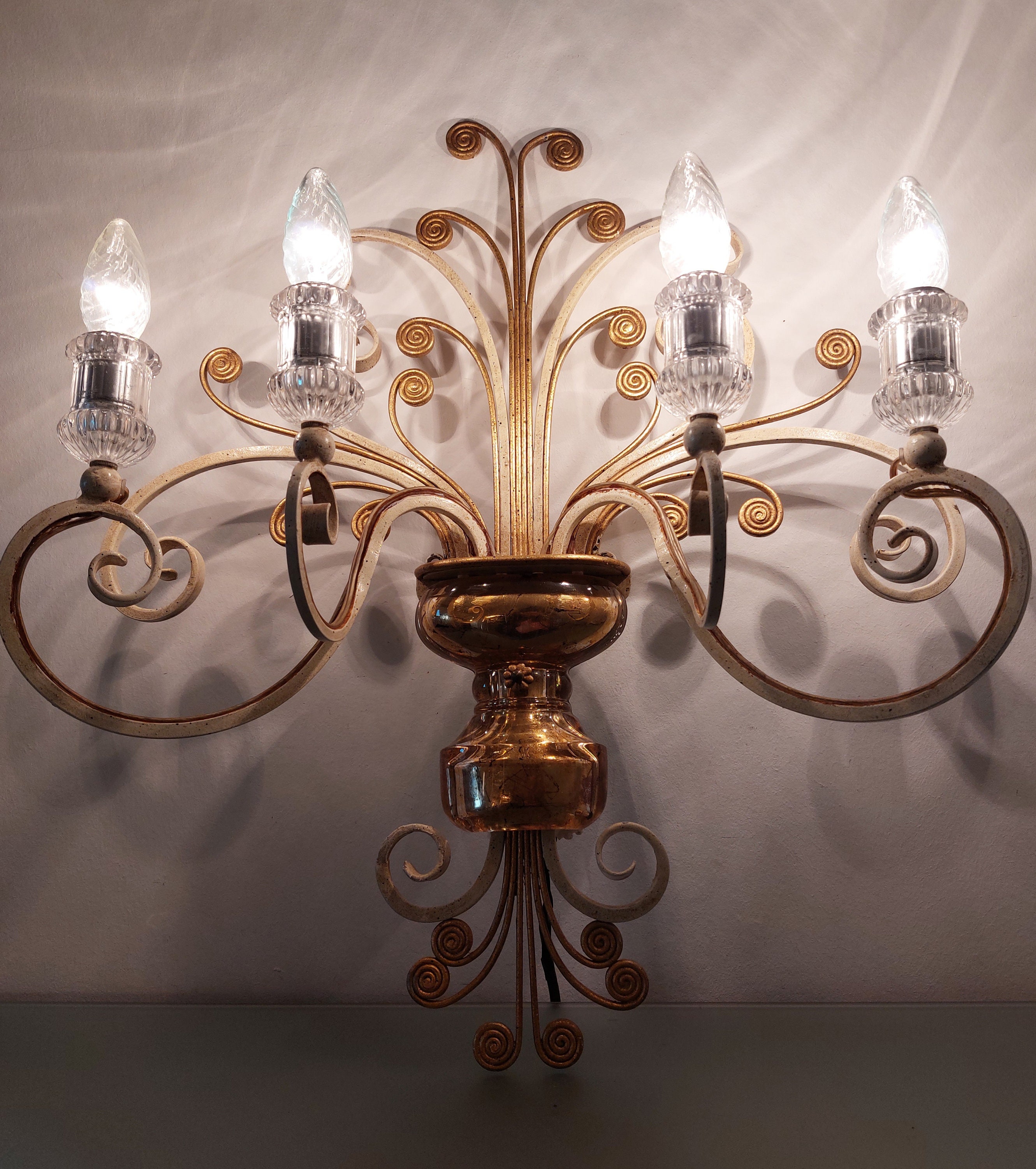1950′ Lustre Maison Baguès Bronze Et Cristaux +paire D’appli