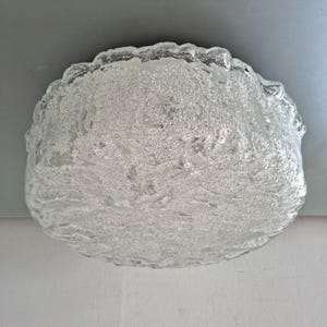 May include: A clear, textured glass ceiling light fixture. The fixture has a rounded, organic shape with a rippled edge. The glass has a frosted appearance, creating a soft, diffused light.