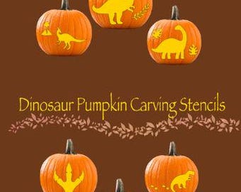 May include: Orange pumpkins with black stems, each featuring a yellow dinosaur stencil design. The text "Dinosaur Pumpkin Carving Stencils" is displayed in a decorative font. The pumpkins are arranged on a brown background.