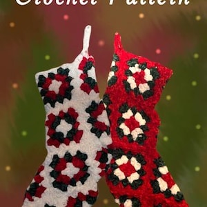 May include: Crochet pattern for two Christmas stockings. One stocking is red, white, and green, and the other is white, red, and green.