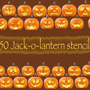 May include: An assortment of 25 carved orange pumpkins with various facial expressions, arranged in rows. The text "50 Jack-o-lantern stencils" is displayed in a banner across the center of the image, perfect for Halloween.