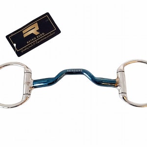May include: A blue and silver horse bit with a curved mouthpiece. The bit is labeled "RETROSURG" on the mouthpiece.