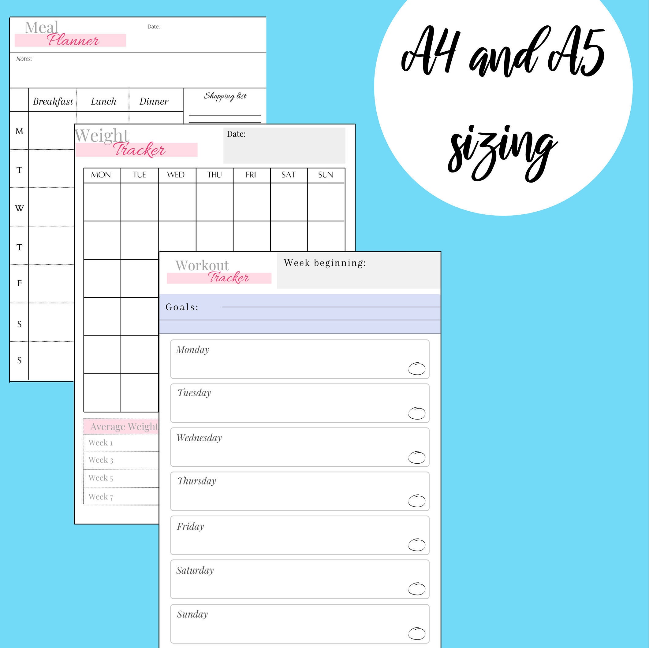 Health/Fitness printable planner Journal set 9 pages Etsy