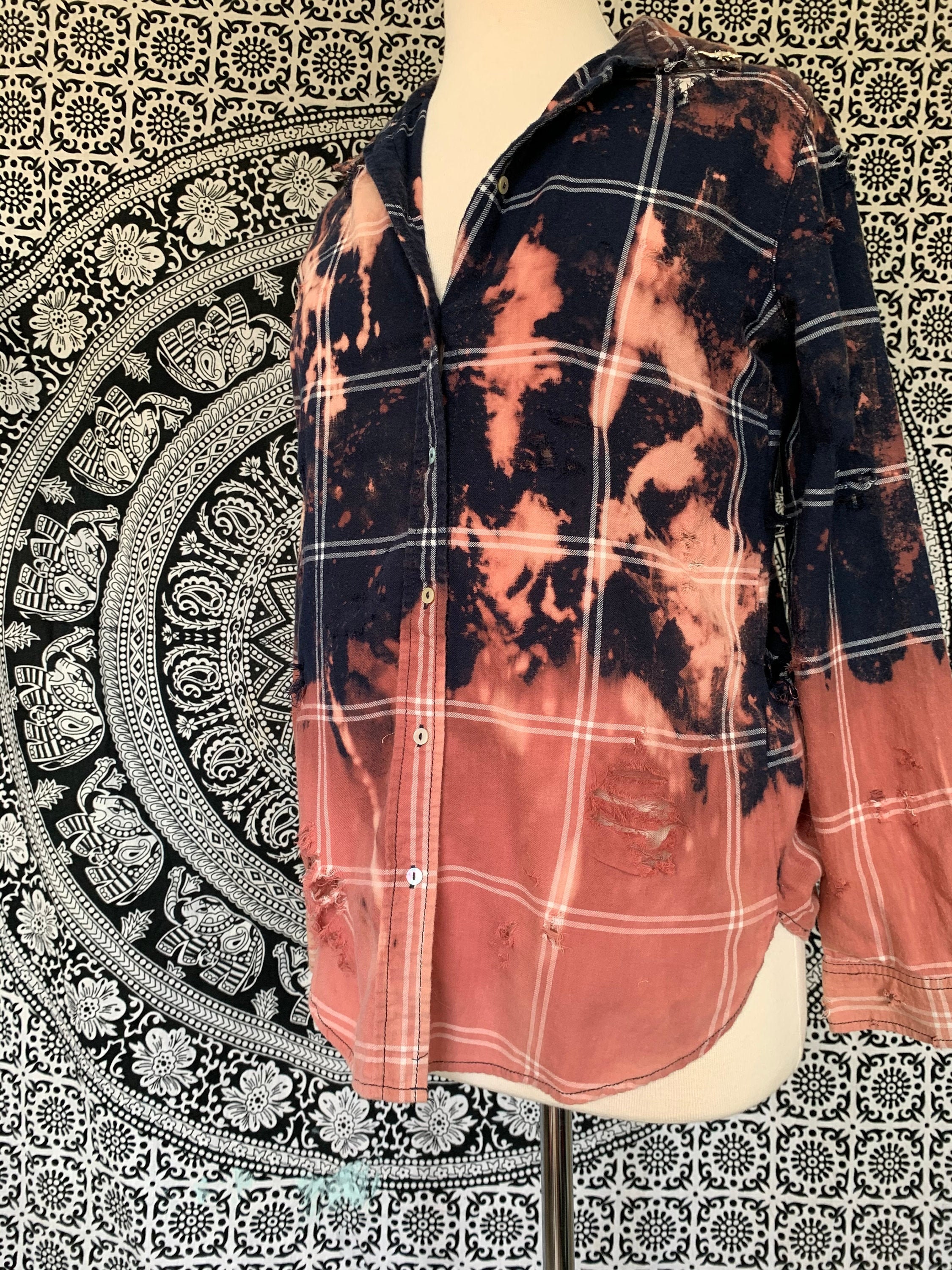 Bleached Distressed Ombre Flannel / Hand Dipped Bleach Shirt / Etsy