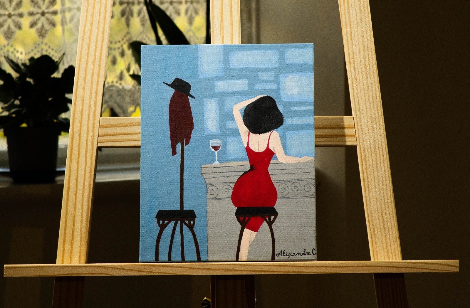 Original handmade acrylic girl on the bar painting Etsy