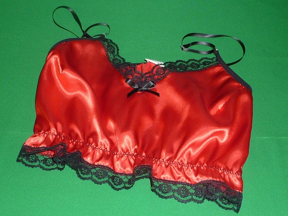 Bright Red Shiny Satin and Black Lace Camisole Crop Top Bralette