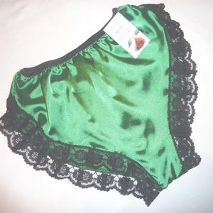 Green Shiny satin high cut French Knicker black lace trim High rise full bottom cover style sissy knickers French panties Hand made lingerie