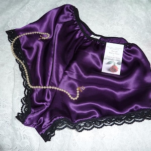 Royal Purple Shiny satin classic cut French Knickers black lace trim. Tap pant boxer boyshort style sissy  French panties Handmade in France