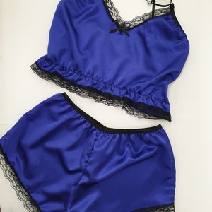 Purple Shiny satin French Knicker and short camisole top with black lace trim. Boxer short pyjama set, Hand made lingerie made in France