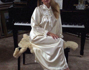 Ivory satin and lace Victorian vintage style Full length long sleeve nightdress nightgown French lingerie sleepwear Handmade Gift woman