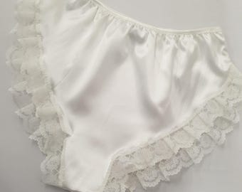 Ivory off white Shiny satin high cut French Knicker with cream lace trim. High rise full bottom cover style sissy knickers Handmade panties