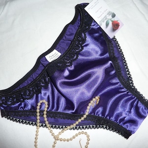 Shiny satin and lace bikini brief, panties, low rise woman knickers, Hand Made in France, French lingerie gift, Made exclusively to order