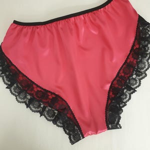 Hot Pink Shiny satin high cut French Knicker with black lace trim. High rise full bottom cover style sissy knickers Handmade French panties