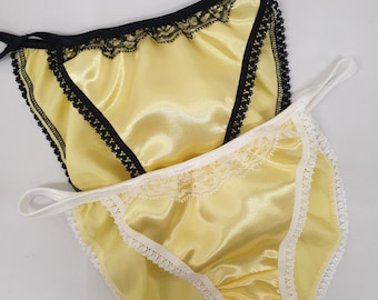 Twin pack Shiny satin low rise tanga panties, Two string bikini brief knickers Lemon yellow French handmade lingerie,  panty Gift for woman