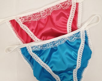 Twin pack Shiny satin low rise tanga panties, 2 bikini brief knickers Christmas hot pink turquoise French handmade lingerie,  Gift for woman