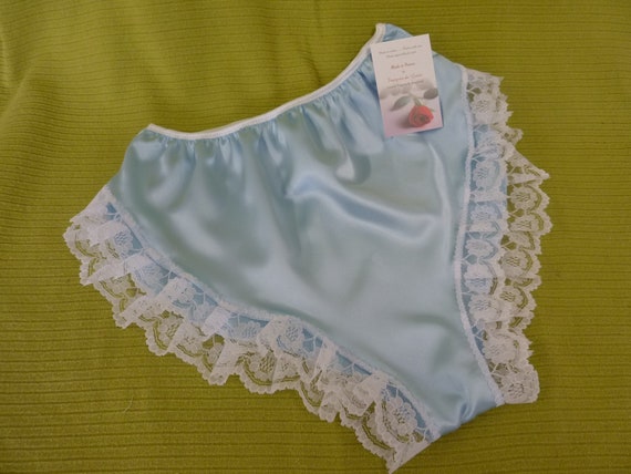BABY BLUE SATIN WHITE LACE FRENCH CAMI STYLE KNICKERS 30-46 WAIST