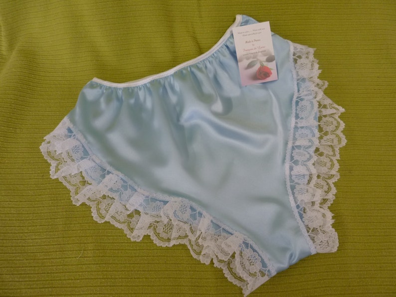 Pale Blue Shiny Satin High Cut French Knicker With White Lace Trim