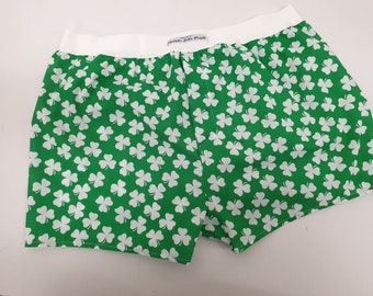Fun  100% cotton Boxer shorts for men, Irish white shamrock on green background print, St Patrick&#39;s day gift, Men&#39;s underwear, hand made