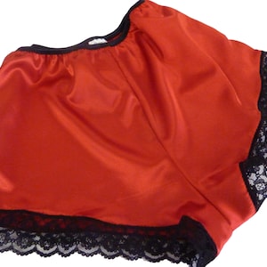 Red Shiny satin classic cut French Knicker with black lace trim. Tap pant boxer short style sissy knickers French panties Handmade in France