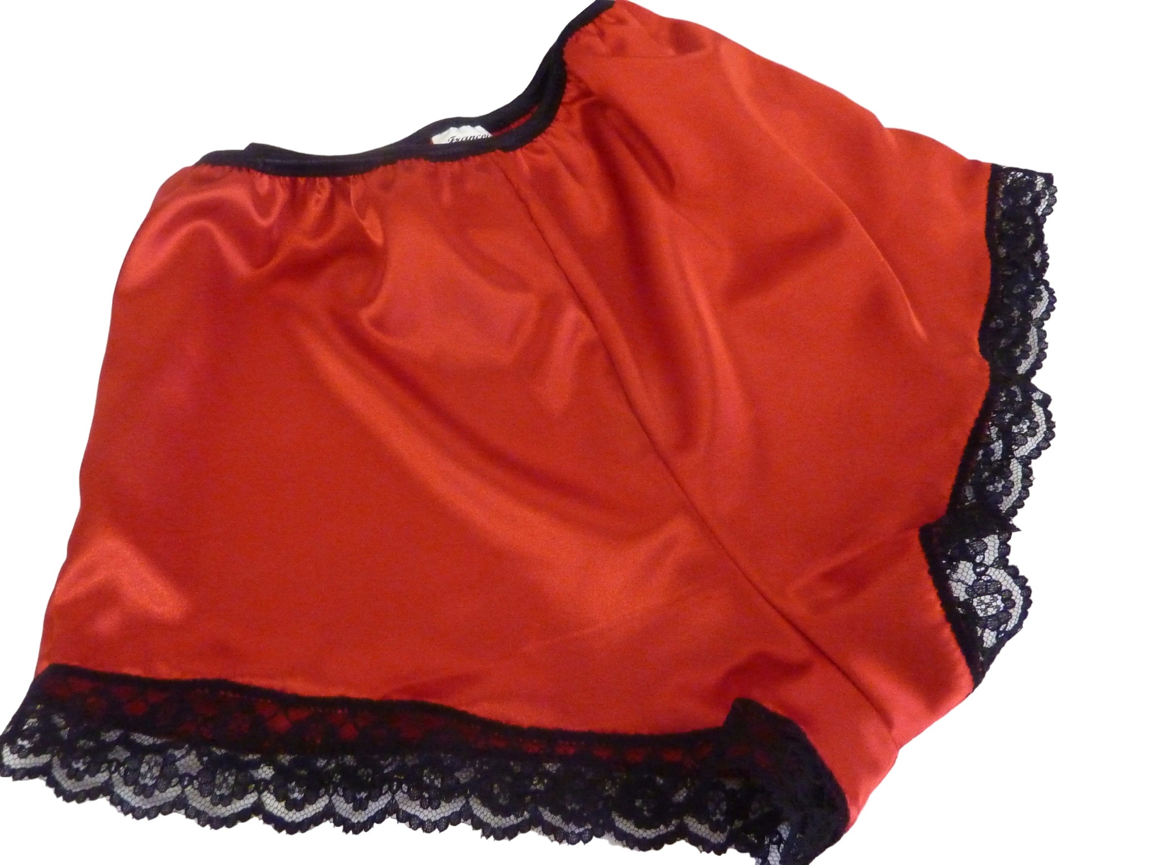 Bright Red Shiny Satin High Cut French Knicker With Black Lace