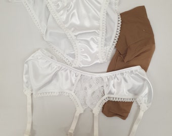 Gift pack Shiny satin & lace panties , suspender garter belt, stockings, French Lingerie , hand made woman&#39;s underwear set, Bridal white