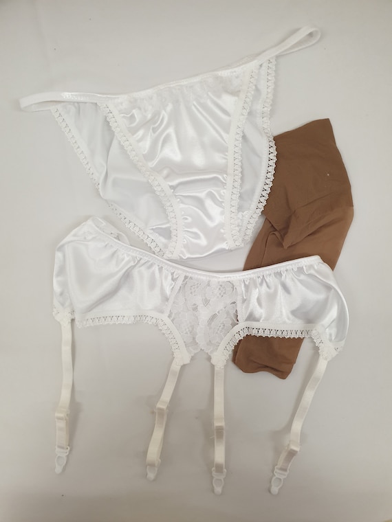 Gift Pack Shiny Satin & Lace Panties , Suspender Garter Belt, Stockings,  French Lingerie , Hand Made Woman's Underwear Set, Bridal White