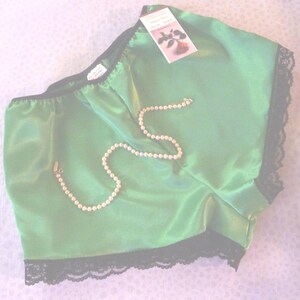 Green  Shiny satin classic cut French Knickers black lace trim. Tap pant boxer boyshort style sassy  French panties Handmade in France