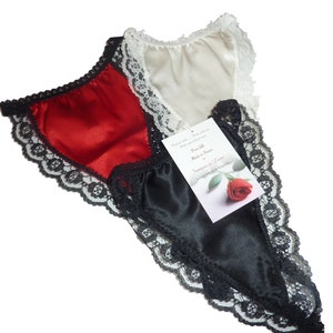 3 pure silk satin and  lace G Strings ladies underwear Black Ivory and Red thong Hand Made in France Charmeuse Silk lingerie gift for woman