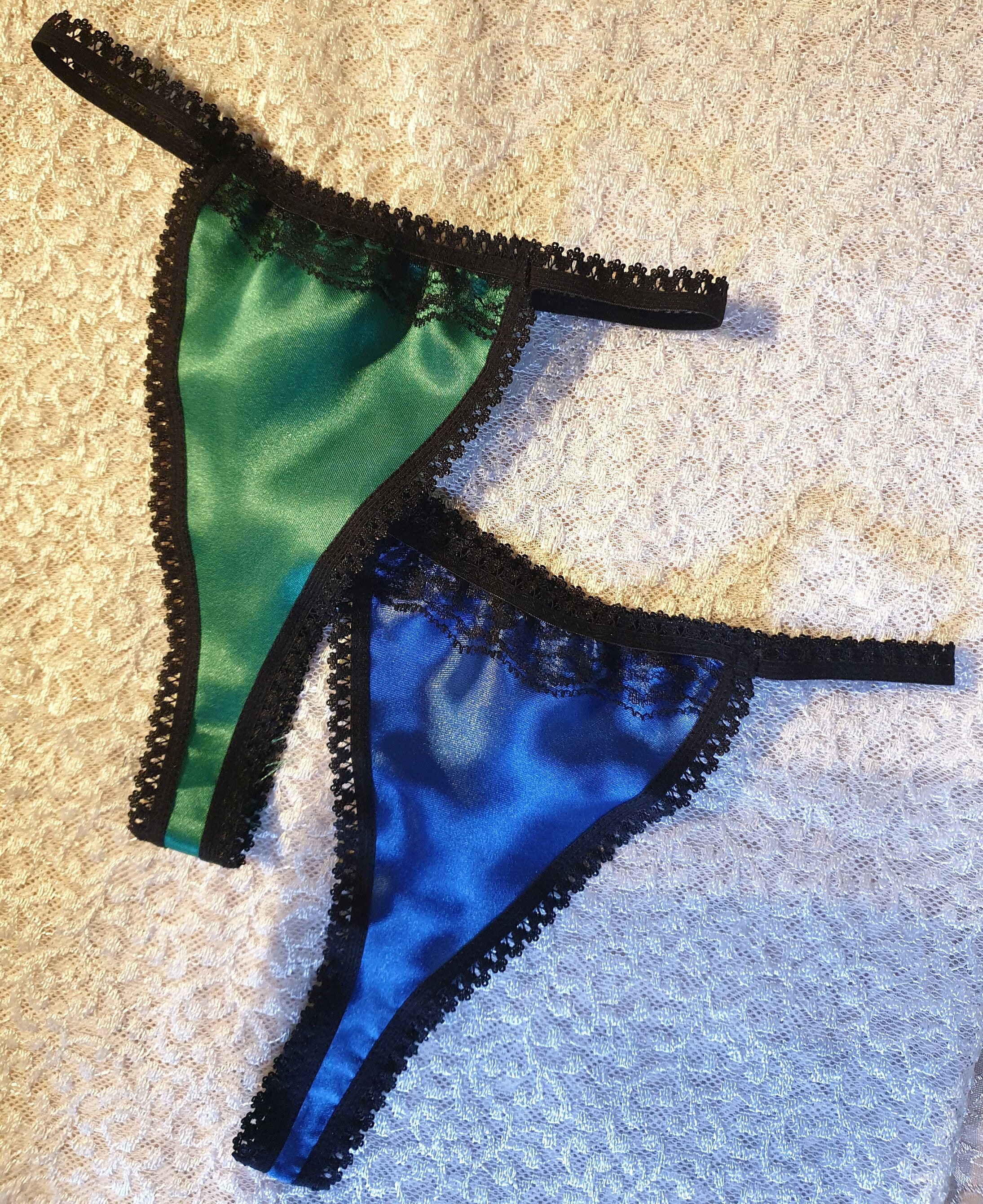 Blue or green Shiny satin thong with black lace trim. Cheeky skimpy bottom style sissy knickers French panties, French lingerie gift woman