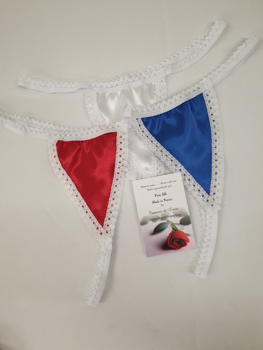 3 Pure Silk Satin and Lace Micro G Strings Patriotic Red White Blue ...