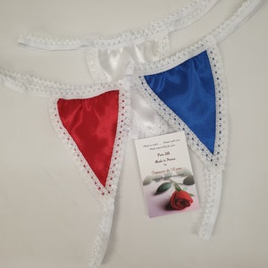 3 pure silk satin and  lace Micro G Strings Patriotic Red White Blue  knickers panties thong underwear French Hand made lingerie gift woman