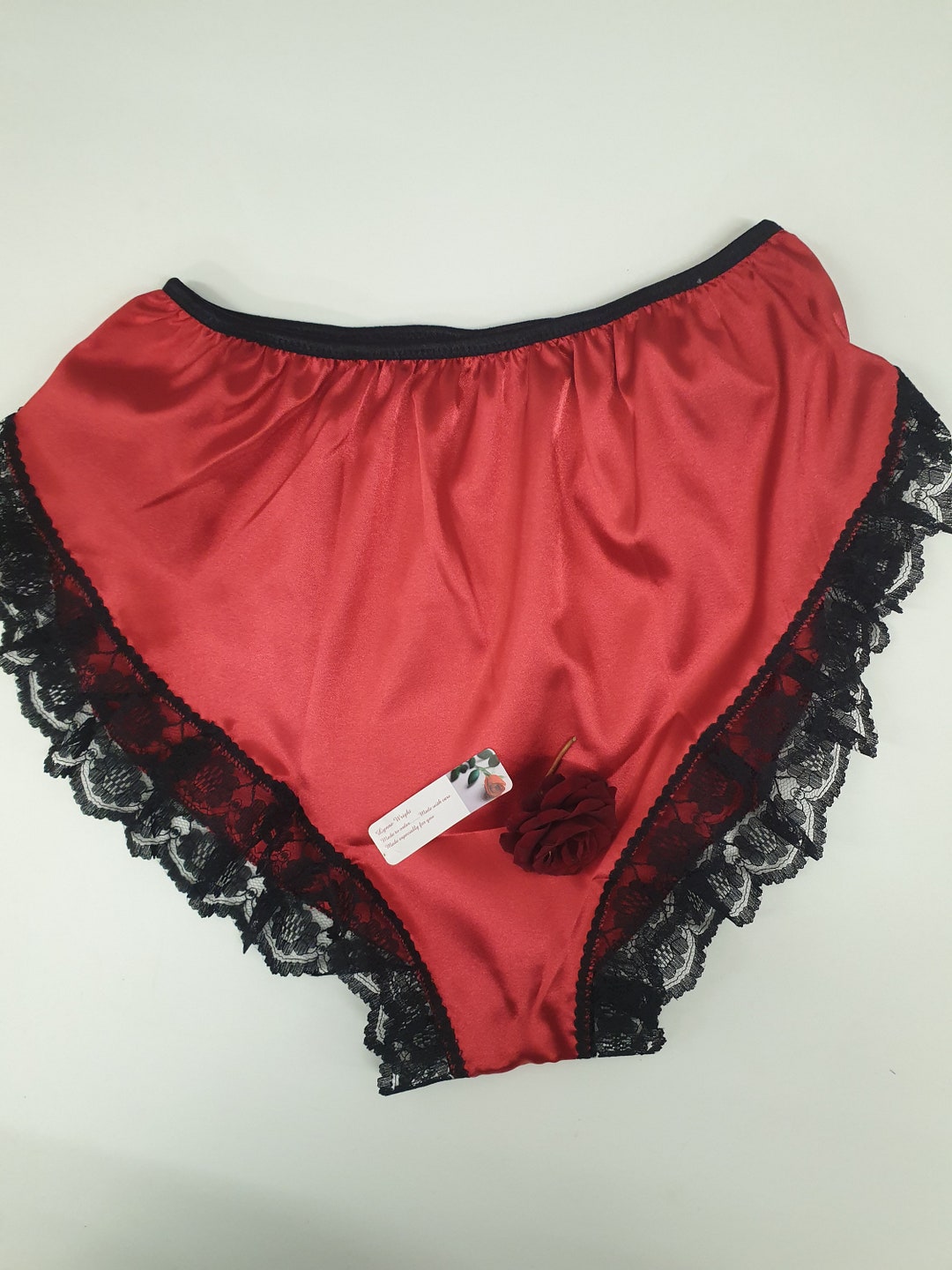 Red Shiny Satin High Cut French Knicker With Black Lace High Rise  Full Bottom Cover Style Sissy French Panties Hand Made Lingerie