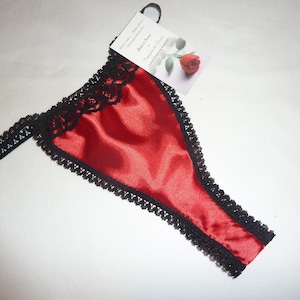 Red Shiny satin thong with black lace trim. Cheeky skimpy bottom style sissy knickers French satin panties,  gift woman, Hand made lingerie